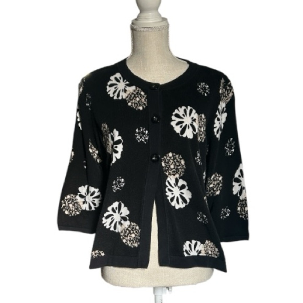 Designers Originals 3 Button Open Front Cardigan Black with Light Floral Pattern